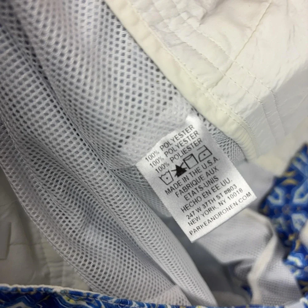 Parke & Ronen Shorts Mens 32 Blue Geometric Swim Trunks Lined Drawstring Print